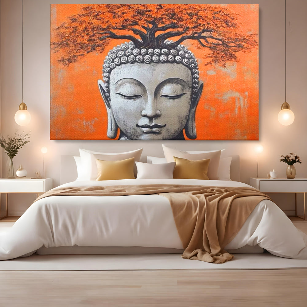 Tablou canvas cu tablou canvas cu capul lui buddha si copac, fara rama, pe sasiu de lemn, pe perete intr-un dormitor